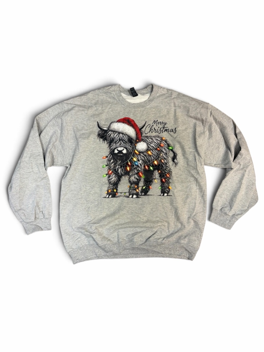 Women’s Gray Christmas Sweatshirt with Festive Highland Cow
